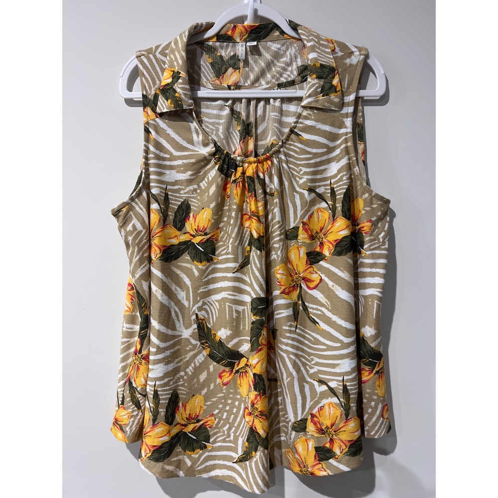Cato Womens Plus 22/24W Sleeveless Tropical Zebra Floral Blouse Tan Yellow Flowy